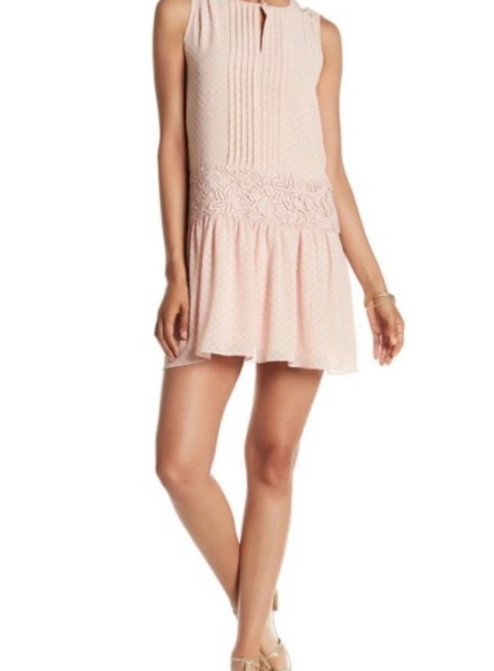 Marchesa Blush Pink Sleeveless Pleated Bib Mini Shift Dress Swiss Dot Lace XL